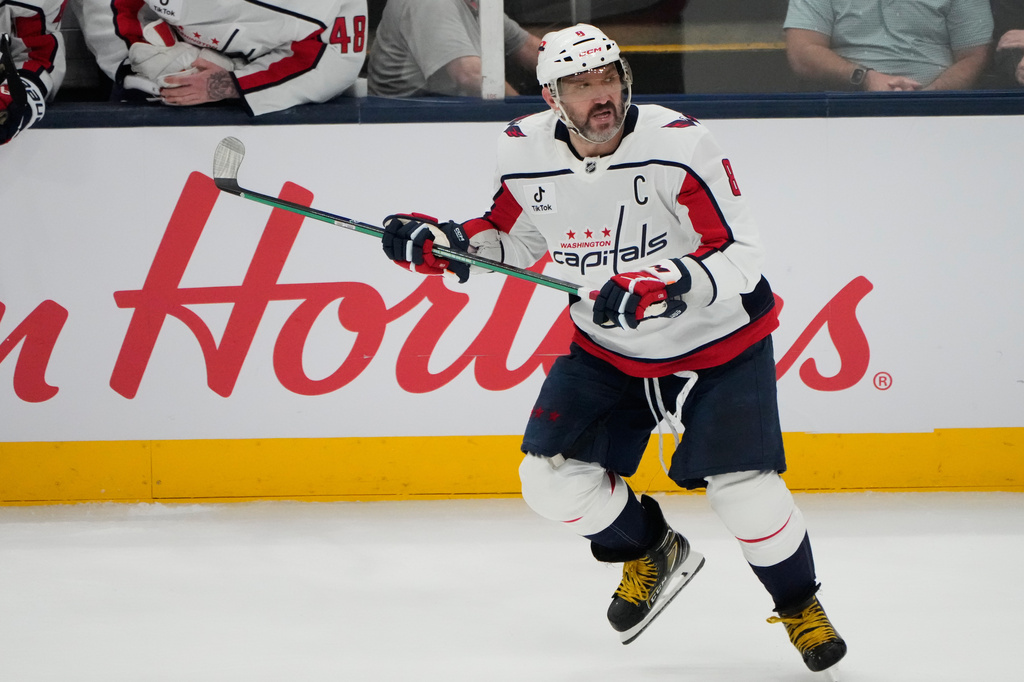 FILE - Washington Capitals left wing Alex Ovechkin (8) skates in the third period of an NHL hockey game against the Columbus Blue Jackets on April 14, 2026, in Columbus, Ohio. (AP Photo/Sue Ogrocki, File)