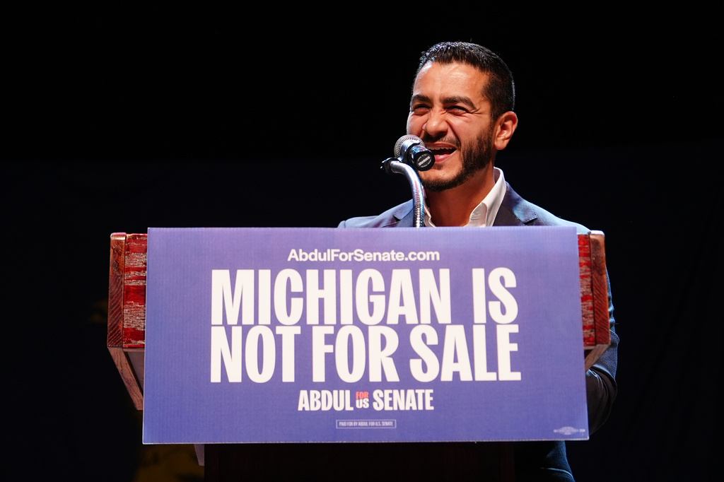 Abdul El-Sayed, a progressive candidate in the Democratic primary for U.S. Senate in Michigan, speaks during a primary election night event Wednesday, Aug. 5, 2026, at the Majestic Theatre in Detroit. (AP Photo/Julia Demaree Nikhinson)