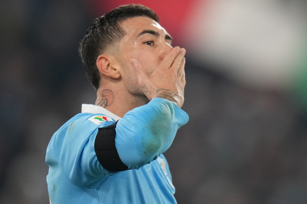 Lazio's Mattia Zaccagni reacts after scoring during the Italian Cup round of sixteen soccer match between Lazio and Milan, in Rome, Thursday, Dec. 4, 2025. (AP Photo/Andrew Medichini)