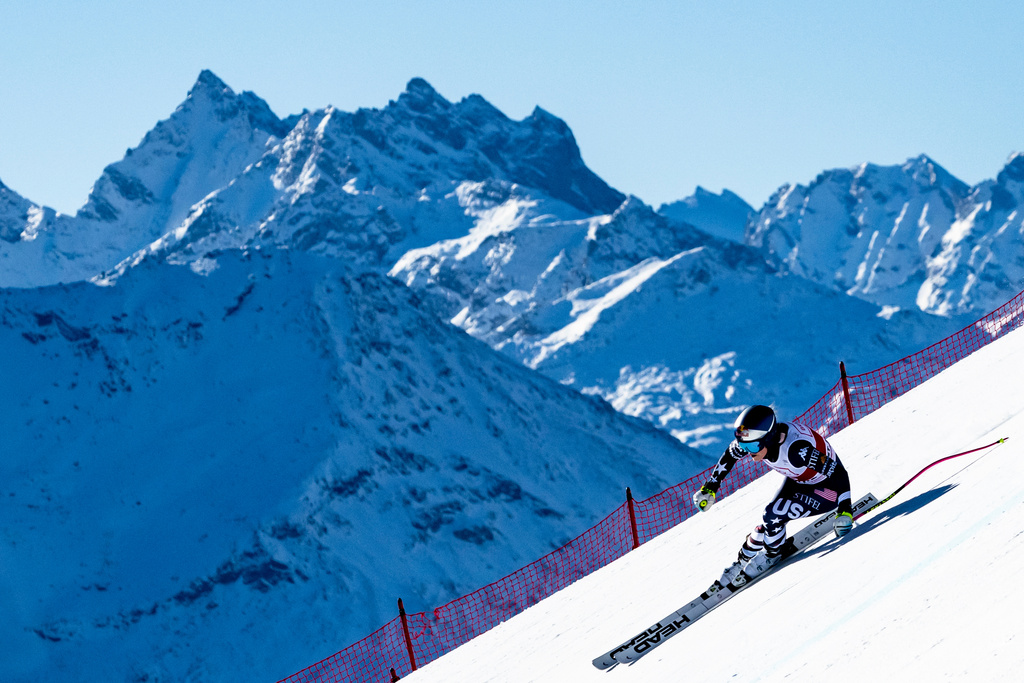Lindsey Vonn of the United States during the women's Downhill training race at the Alpine Skiing FIS Ski World Cup in St. Moritz, Switzerland, Wednesday, Dec. 10, 2025. (Jean-Christophe Bott/Keystone via AP)