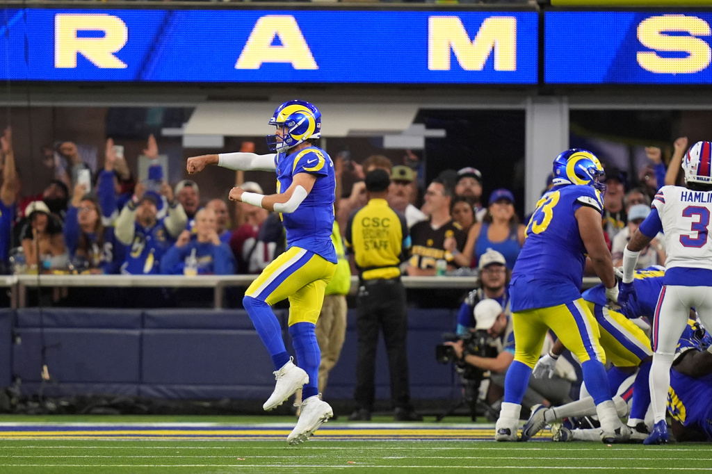 Los Angeles Rams quarterback Matthew Stafford celebrates a touchdown during the second half of an NFL football game against the Buffalo Bills, Monday, Oct. 12, 2026, in Inglewood, Calif. (AP Photo/Gregory Bull)