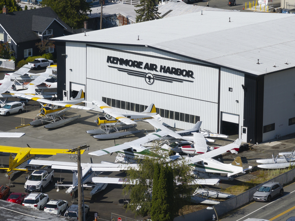 Planes are parked at Kenmore Air in Kenmore, Wash., on Friday morning on July 24, 2026. (Kevin Clark/The Seattle Times via AP)