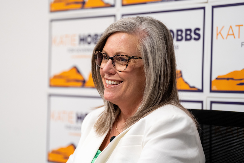 Democratic Arizona Gov. Katie Hobbs speaks during an interview with The Associated Press, Tuesday, Oct. 7, 2025, in Phoenix. (AP Photo/Samantha Chow)