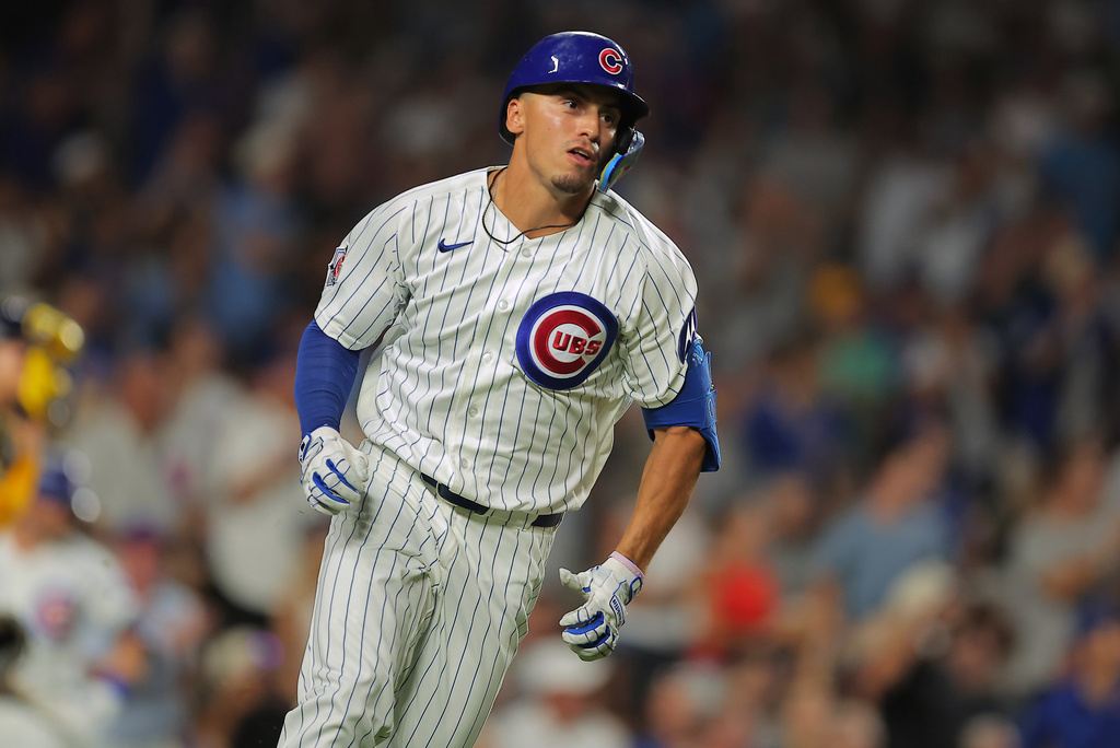 Chicago Cubs' Tyrone Taylor watches his two-run RBI double hit during the fourth inning of a baseball game against the Milwaukee Brewers, Tuesday, Sept. 1, 2026, in Chicago. (AP Photo/Melissa Tamez)