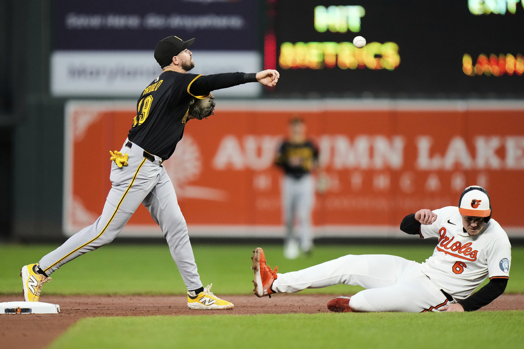 Pittsburgh Pirates shortstop Jared Triolo, left, makes the throw to first base after forcing out Baltimore Orioles'Ryan Mountcastle (6) at second base during a double play in the second inning of a baseball game, Wednesday, Sept. 10, 2025, in Baltimore. (AP Photo/Stephanie Scarbrough)