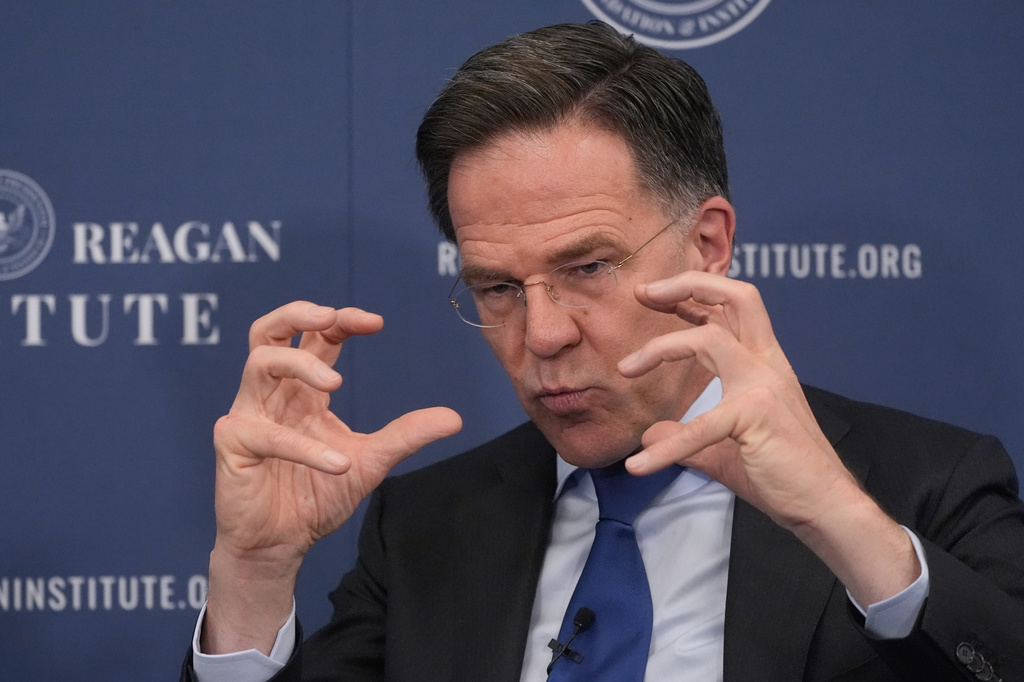 NATO Secretary General Mark Rutte speaks at the Ronald Reagan Institute, Thursday, April 9, 2026, in Washington. (AP Photo/Manuel Balce Ceneta)