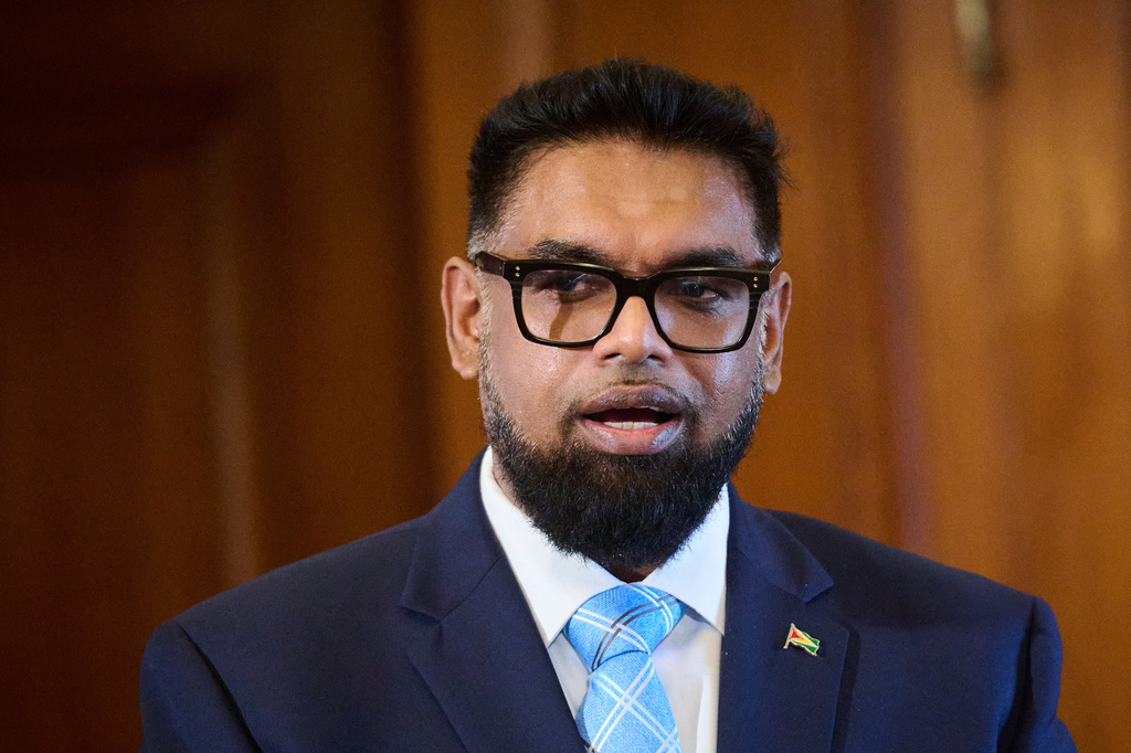 President of Guyana Mohamed Irfaan Ali, left, speaks during a meeting with Canadian Prime Minister Mark Carney (not in the picture) in Toronto, Friday, May 8, 2026. (Sammy Kogan/The Canadian Press via AP)