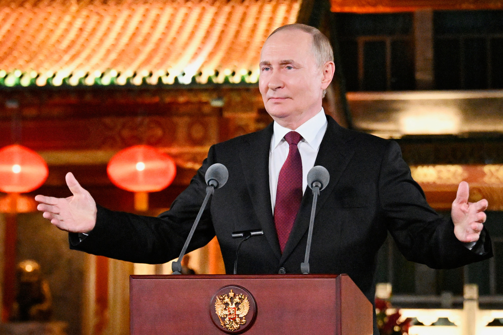 FILE - Russian President Vladimir Putin gestures during a news conference, at the end of his visit to China for the Tianjin SCO Summit and the military parade to mark the 80th anniversary of the end of World War Two, in Beijing, Sept. 3, 2025. (Sergei Bobylev, Sputnik, Kremlin Pool Photo via AP, File)