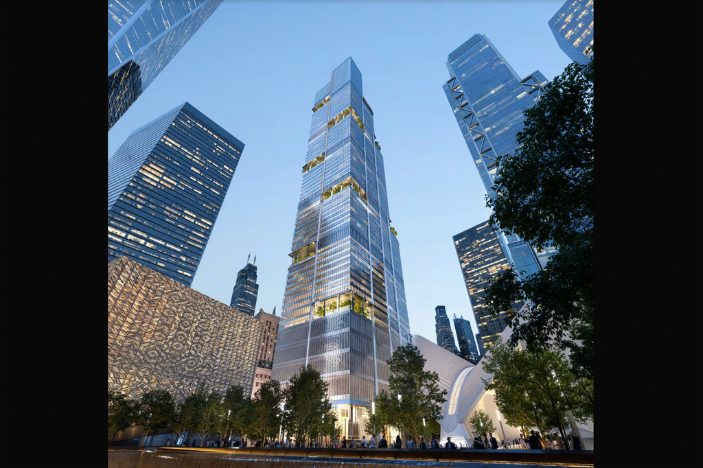 This rendering provided by Foster+Partners shows an office tower planned for 2 World Trade Center as the new headquarters for American Express in New York. (Foster+Partners via AP)