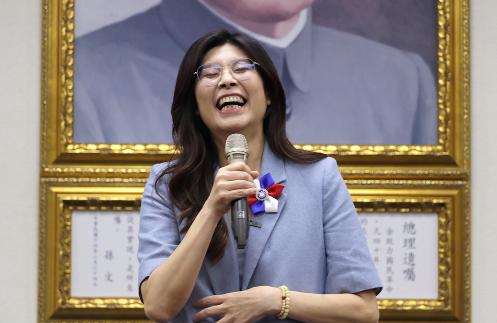 Cheng Li-wun react to medias after winning in the Kuomintang (KMT, Nationalist Party) chairman election in Taipei, Taiwan, Saturday, Oct. 18, 2025. (AP Photo/Chiang Ying-ying)