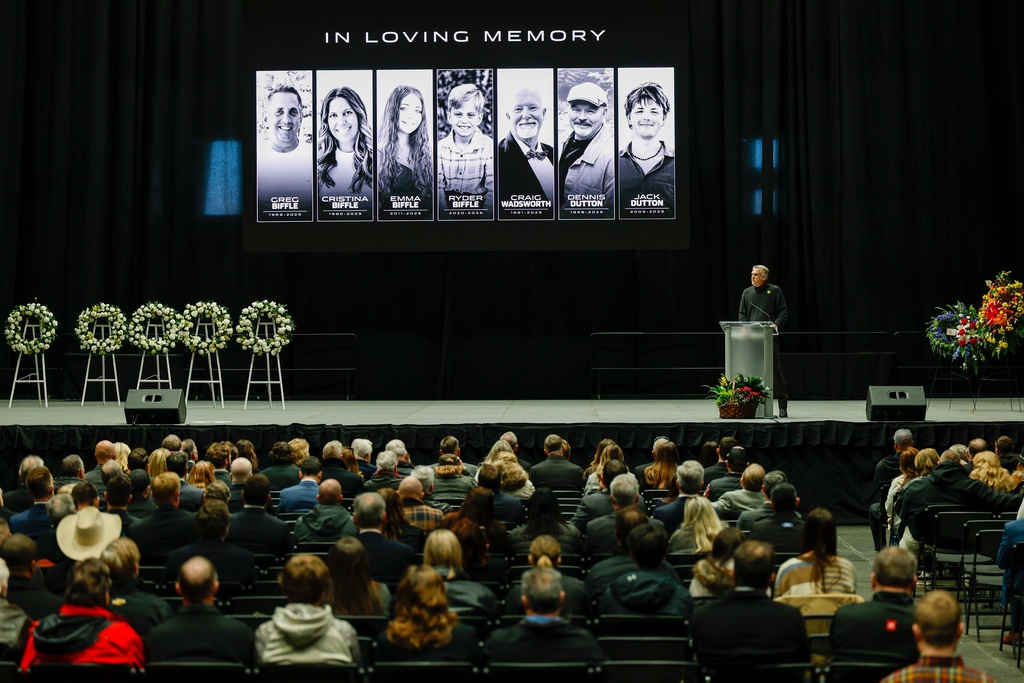 Chaplain Billy Mauldin speaks during the NASCAR Plane Crash Memorial memorial in Charlotte, N.C., Friday, Jan. 16, 2026. (AP Photo/Nell Redmond)