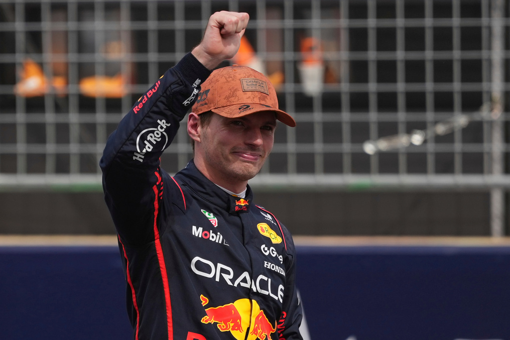 Red Bull driver Max Verstappen of the Netherlands celebrates after winning the sprint race at the Formula One U.S. Grand Prix auto racing in Austin, Texas, Saturday, Oct. 18, 2025.(AP Photo/Eric Gay)