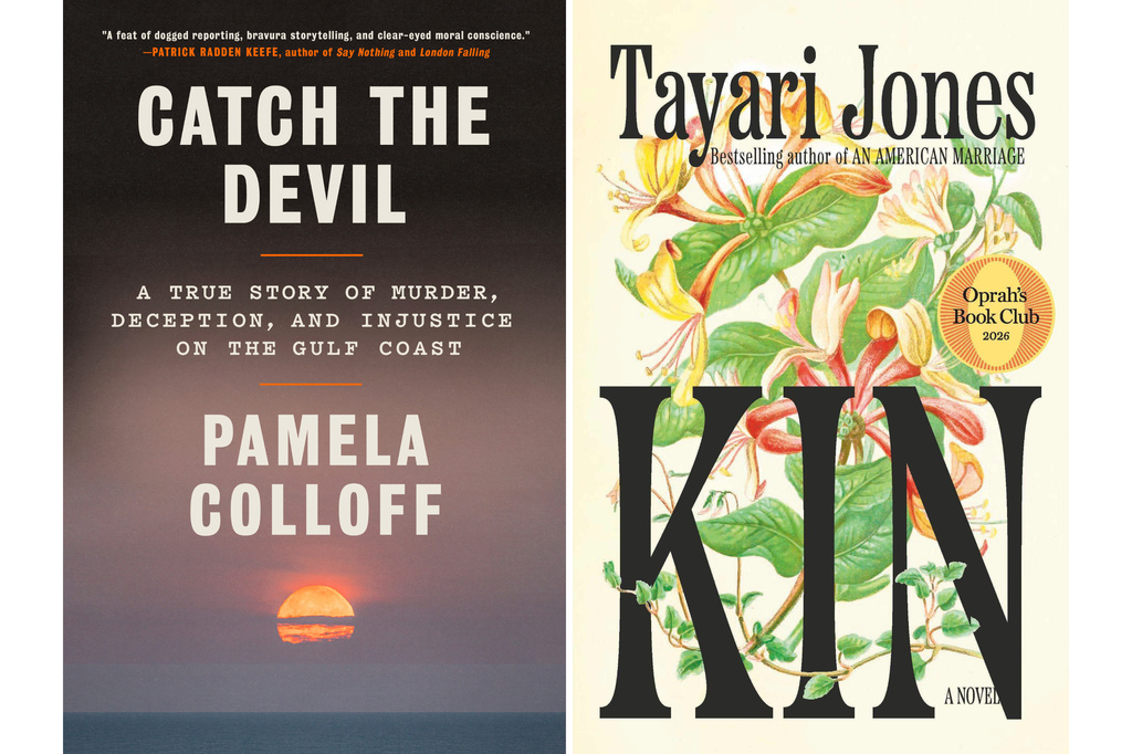 This combination of book cover images show "Catch the Devil: A True Story of Murder, Deception, and Injustice on the Gulf Coast" by Pamela Colloff, left, and "Kin" by Tayari Jones. (Knopf via AP, left, and Knopf via AP)