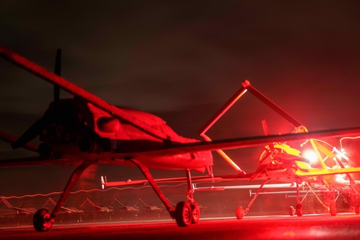 Long-range drones An-196 Liutyi of the Ukrainian 14th Separate Unmanned Aerial Systems Regiment stand in line before takeoff in undisclosed location, Ukraine, Tuesday, Oct. 14, 2025. (AP Photo/Evgeniy Maloletka) Long-range drones An-196 Liutyi of the Ukrainian 14th Separate Unmanned Aerial Systems Regiment stand in line before takeoff in undisclosed location, Ukraine, Tuesday, Oct. 14, 2025. (AP Photo/Evgeniy Maloletka)