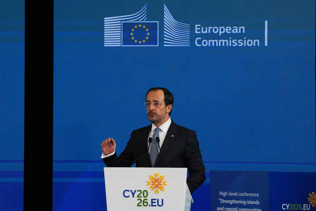 Cyprus' President Nikos Christodoulides speaks during the high-level conference "Strengthening Islands and Coastal Communities of the European Union" in the southwestern coastal city of Paphos on the eastern Mediterranean island of Cyprus, Friday, June 26, 2026. (AP Photo/Petros Karadjias)