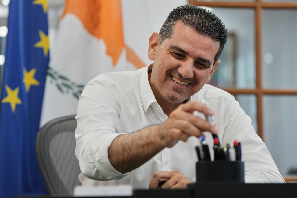 Cyprus' Energy Minister Michael Damianos is interviewed by The Associated Press in Nicosia, Cyprus, on Aug. 7, 2026. (AP Photo/Petros Karadjias)