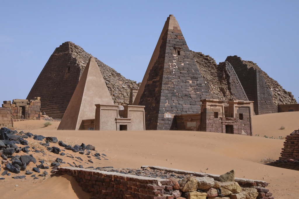 The Meroe pyramids stand at the Meroe archaeological site in Bejrawiya, Sudan, Saturday, Aug. 1, 2026. (AP Photo/Mohnd Blal)