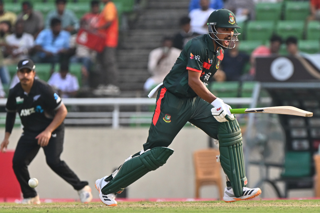 Bangladesh's Najmul Hossain Shanto takes a run during the second one day international cricket match between Bangladesh and New Zealand in Mirpur, Bangladesh, Monday, April 20, 2026. (AP Photo/Mosaraf Hossain)