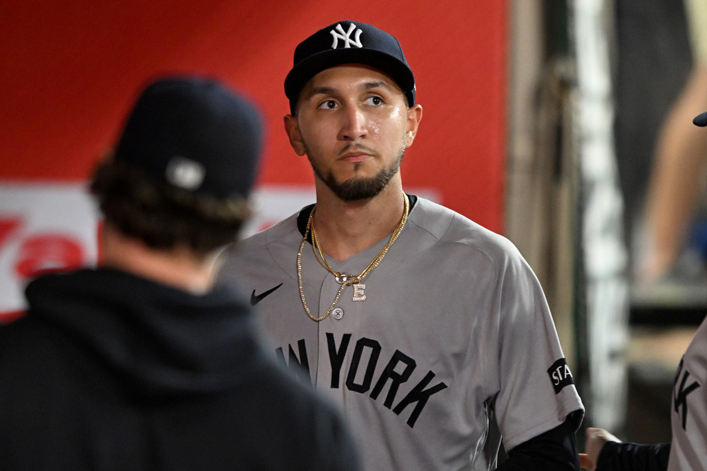 New York Yankees pitcher Elmer Rodriguez comes out of a baseball game against the Los Angeles Angels in the fourth inning Monday, Aug. 31, 2026, in Anaheim, Calif. (AP Photo/Wally Skalij)