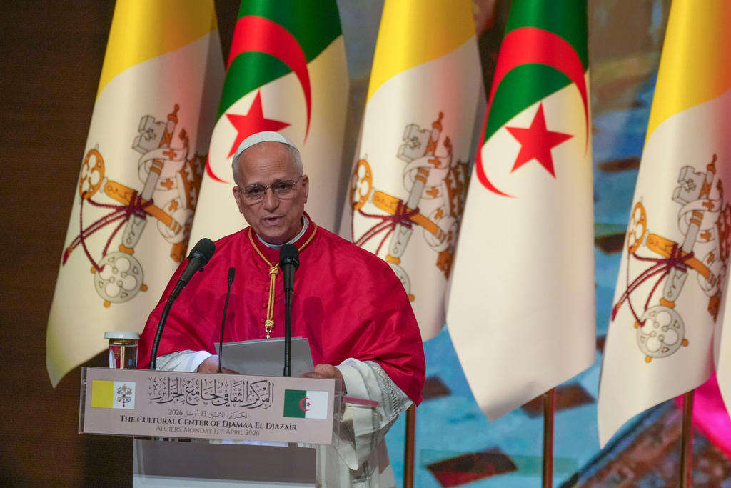Pope Leo XIV addresses Algerian authorities, members of the civil society, and diplomatic corps at the Djamaa el Djazair Conference Center in Algiers, Monday, April 13, 2026, on the first day of an 11-day apostolic journey to Africa. (AP Photo/Andrew Medichini)