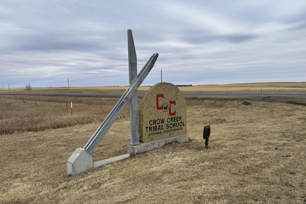 The Crow Creek Tribal School system is marked by a sign in Stephan, S.D., Feb. 7, 2025. (Bart Pfankuch/South Dakota News Watch)