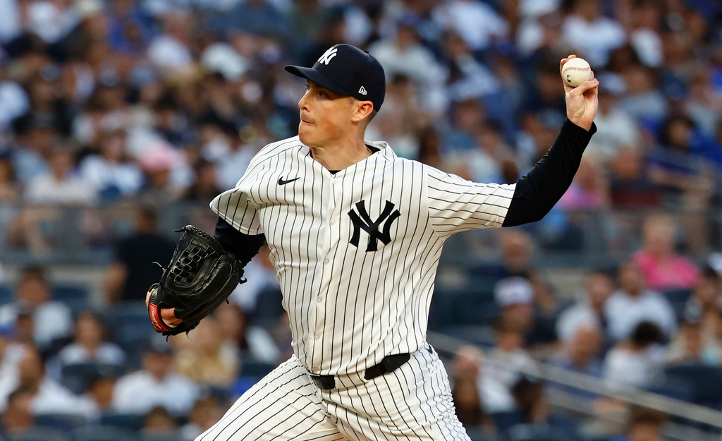 New York Yankees pitcher Ryan Yarbrough throws against the Los Angeles Dodgers during the third inning of the second game of a baseball doubleheader, Sunday, July 19, 2026, in New York. (AP Photo/Noah K. Murray)