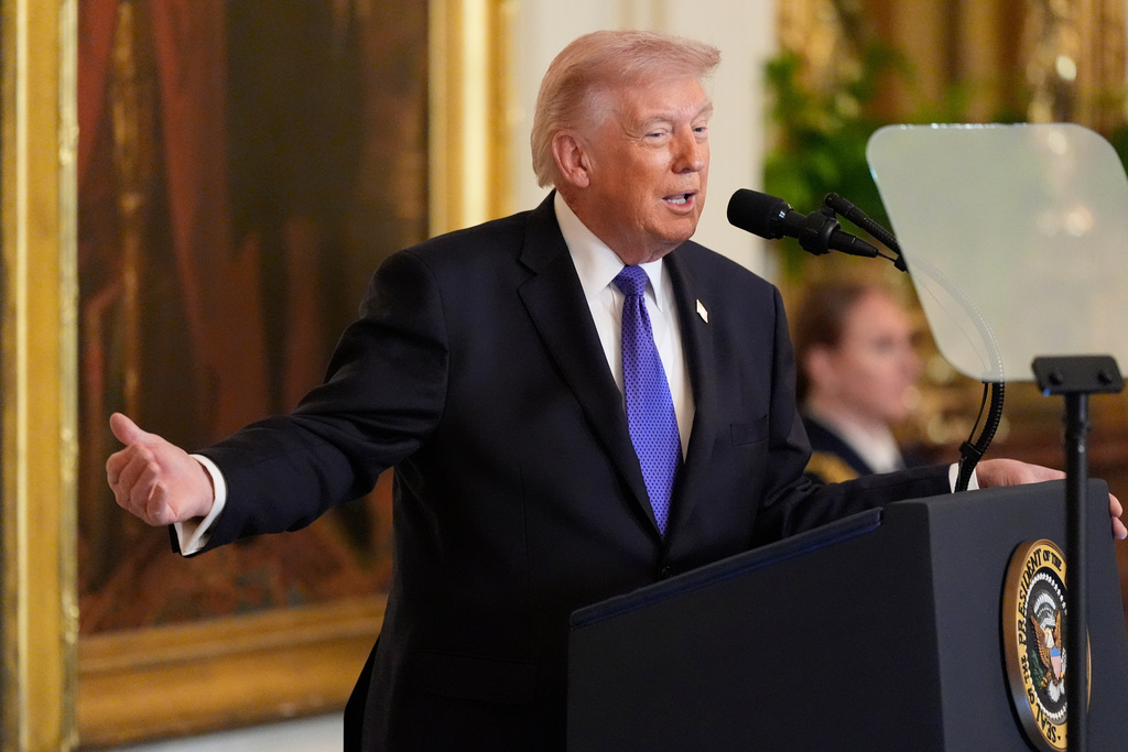 President Donald Trump speaks about the new ballroom construction before a Medal of Honor ceremony in the East Room of the White House, Monday, March 2, 2026, in Washington.(AP Photo/Mark Schiefelbein)
