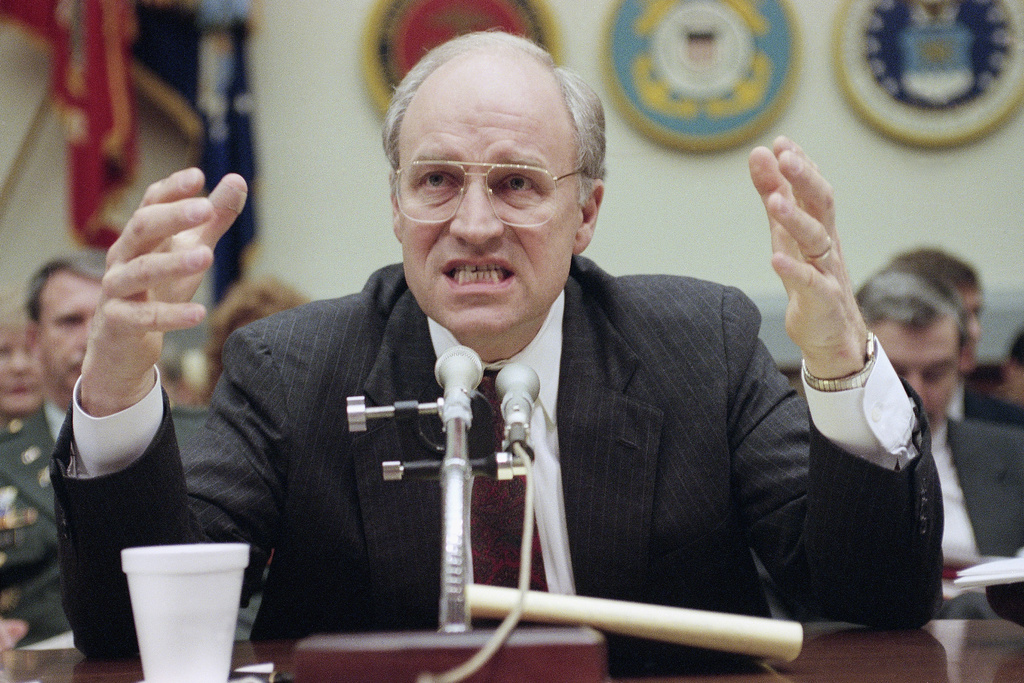 FILE - Defense Secretary Dick Cheney makes a point on Capitol Hill in Washington, Feb. 7, 1991, while appearing before the Senate Armed Services Committee which is looking at the FY-1992-1993 defense budget. Cheney and Joint Chiefs Chairman Gen. Colin Powell are heading to Saudi Arabia this weekend for an update on the Gulf War. (AP Photo/Greg Gibson, file)