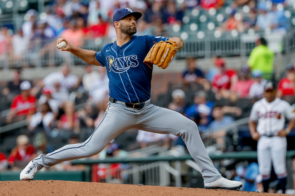 Tampa Bay Rays pitcher Nick Martinez delivers to an Atlanta Braves batter during the first inning of a baseball game, Thursday, Sept. 10, 2026, in Atlanta. (AP Photo/Erik S. Lesser)