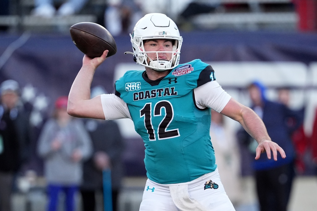 Coastal Carolina quarterback Tad Hudson (12) passes against Louisiana Tech during the second half of the Independence Bowl NCAA college football game, Tuesday, Dec. 30, 2025, in Shreveport, La. (AP Photo/Rogelio V. Solis)