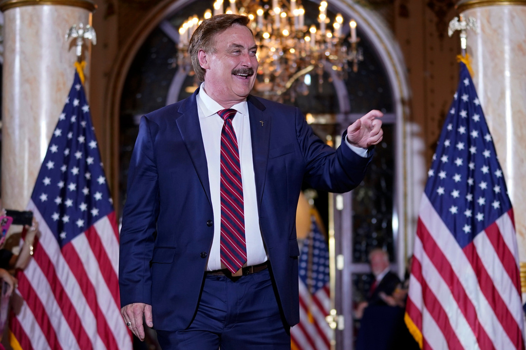 FILE - MyPillow founder Mike Lindell arrives before former President Donald Trump speaks at his Mar-a-Lago estate, April 4, 2023, in Palm Beach, Fla. (AP Photo/Evan Vucci, File)