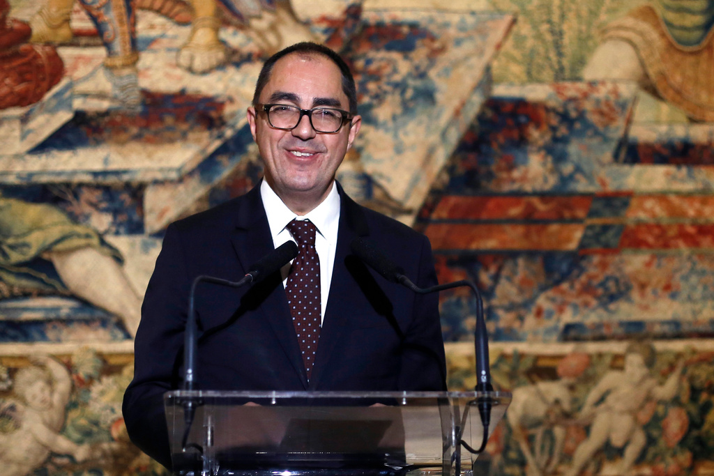 FILE - Louvre Museum Director Jean-Luc Martinez delivers a speech during a crowdfunding campaign at the Louvre museum in Paris, Oct. 24, 2017. (AP Photo/Thibault Camus, File)
