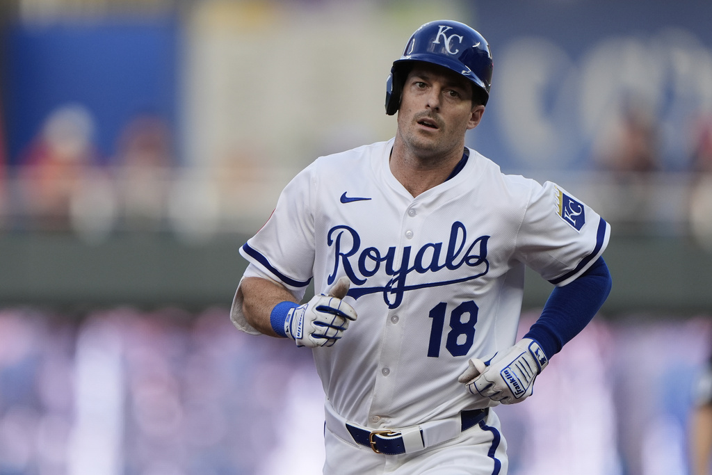 Kansas City Royals' Mike Yastrzemski runs the bases after hitting a solo home run during the first inning of a baseball game against the Texas Rangers, Monday, Aug. 18, 2025, in Kansas City, Mo. (AP Photo/Charlie Riedel)