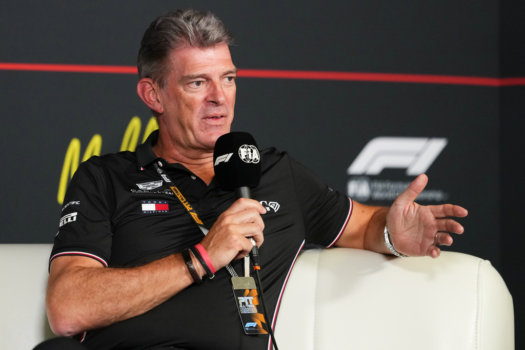 Cadillac team principal Graeme Lowdon gestures during the Team Principal's press conference at the Australian Formula One Grand Prix at Albert Park, in Melbourne, Australia, Friday, March 6, 2026. (AP Photo/Scott Barbour)