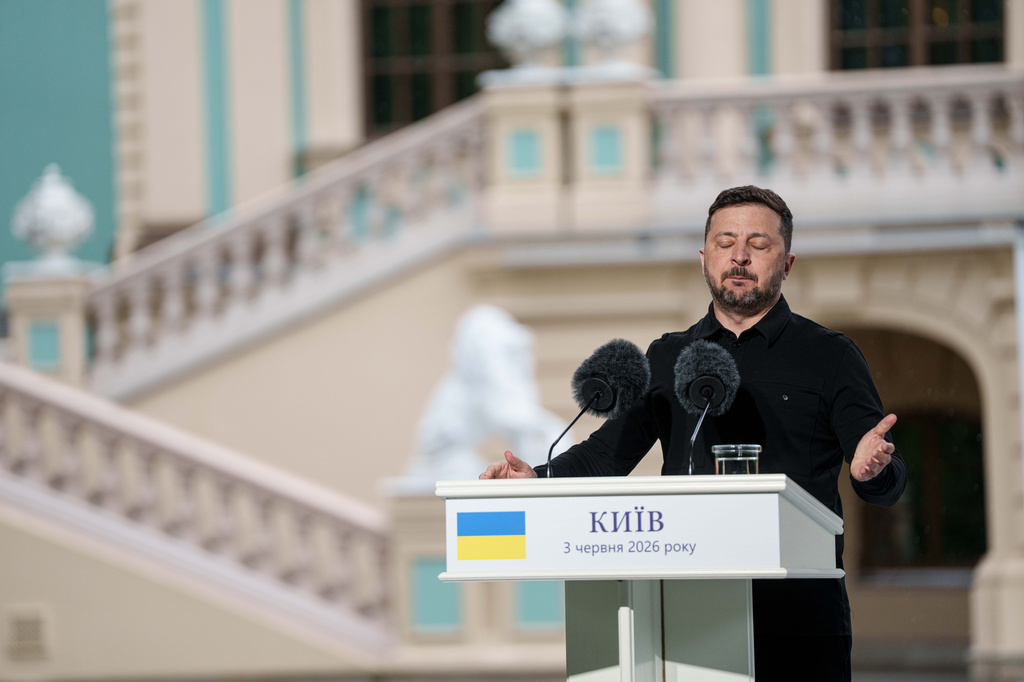 Ukraine's President Volodymyr Zelenskyy speaks to journalists during a joint press conference with NATO Secretary General Mark Rutte in Kyiv, Ukraine, on Wednesday, June 3, 2026. (AP Photo/Evgeniy Maloletka)
