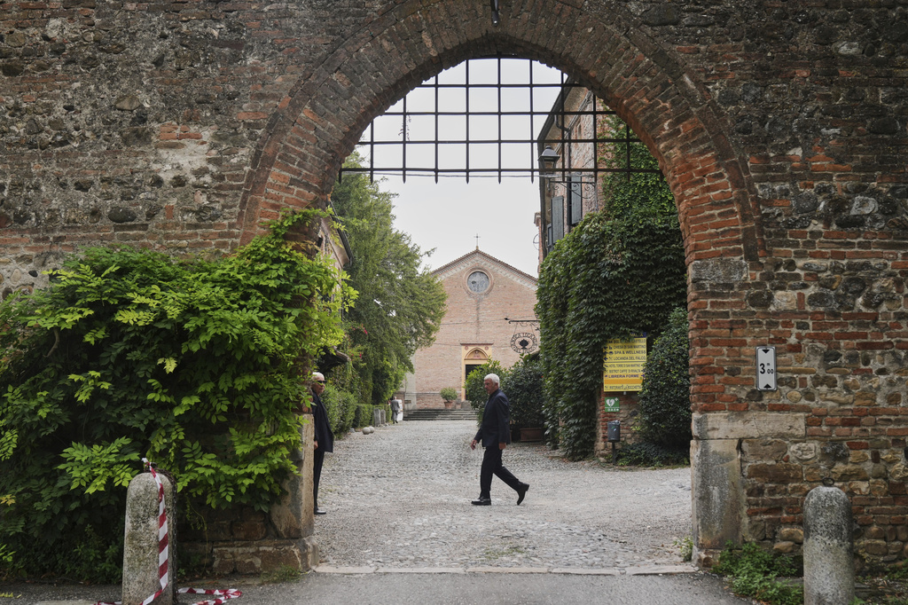A view of the church of San Martino, Monday, Sept. 8, 2025, in the small historic village of Rivalta, some 15 kilometers south of Piacenza, northern Italy, before the private funeral of designer Giorgio Armani who died on Thursday at age 91. (AP Photo/Antonio Calanni)