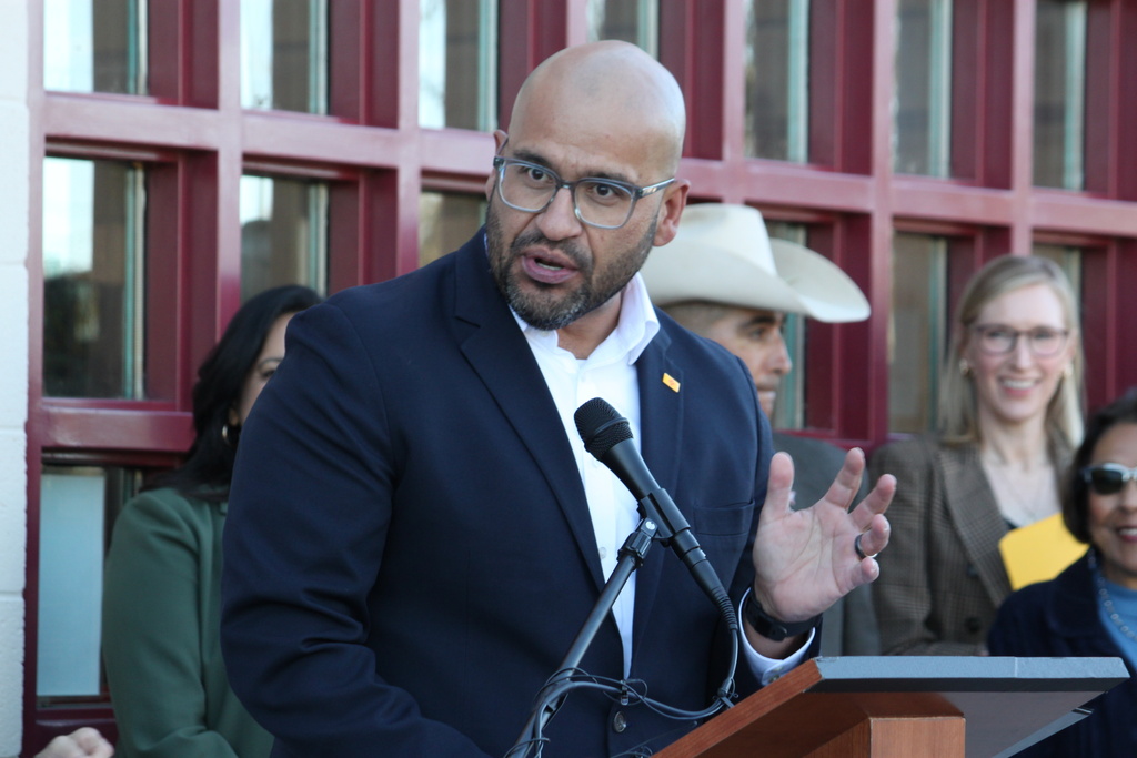 New Mexico House Speaker Javier Martinez talks about state efforts to temporarily backfill SNAP benefits during a news conference outside a grocery store in Albuquerque, New Mexico, on Wednesday, Oct. 29, 2025. (AP Photo/Susan Montoya Bryan)