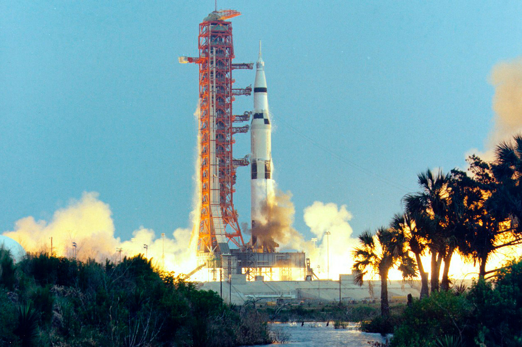 FILE - In this April 11, 1970, photo made available by NASA, the Saturn V rocket carrying the crew of the Apollo 13 mission to the moon launches from the Kennedy Space Center in Florida. (NASA via AP)