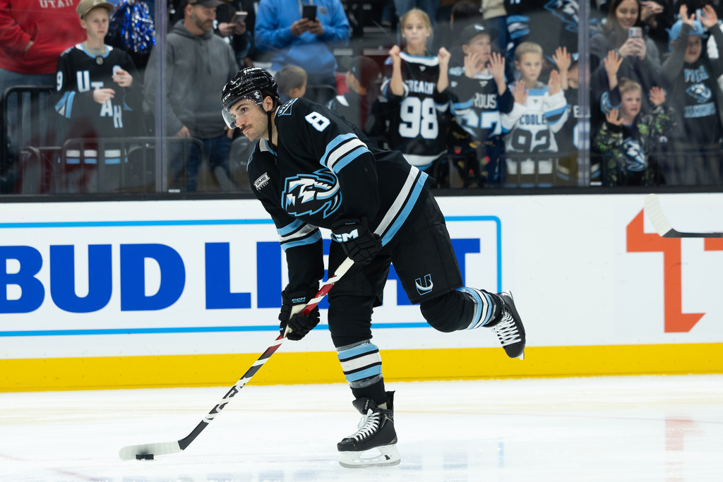 Utah Mammoth center Nick Schmaltz takes a shot on goal prior in an NHL hockey game against the Montréal Canadiens, Wednesday, Nov. 26, 2025, in Salt Lake City. (AP Photo/Anna Fuder)