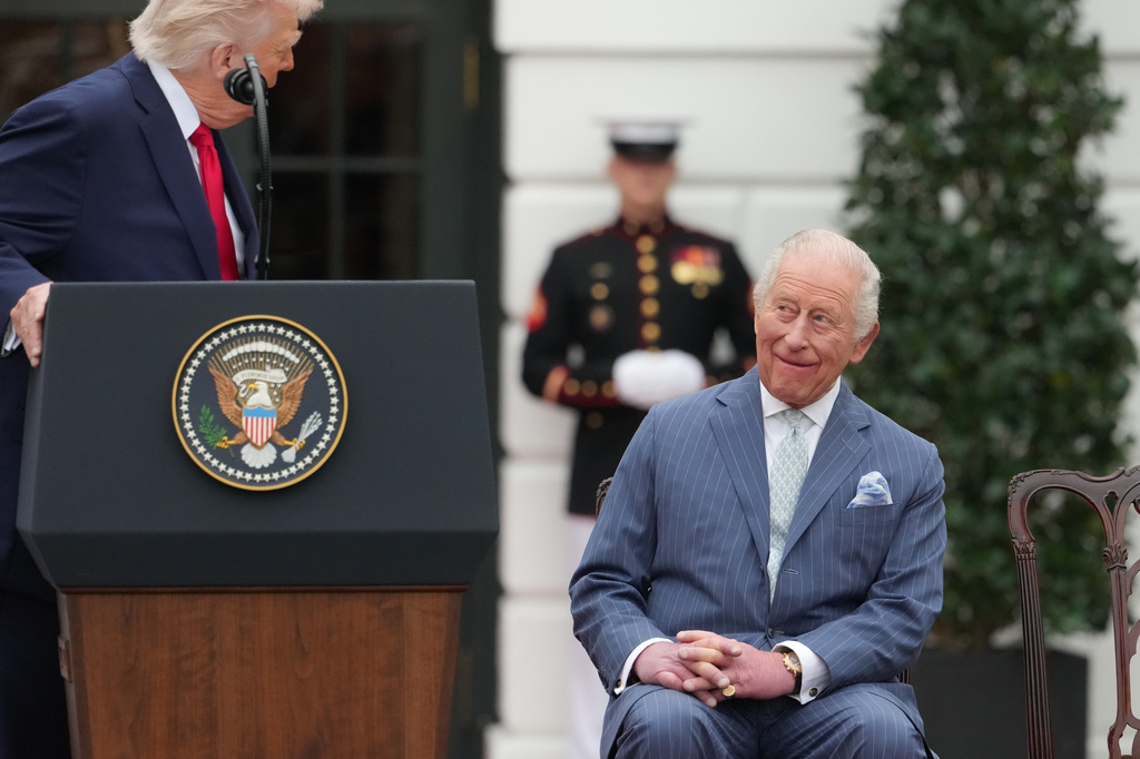 Britain's King Charles III listens as President Donald Trump speaks during a State Visit arrival ceremony on the South Lawn of the White House, Tuesday, April 28, 2026, in Washington. (AP Photo/Alex Brandon)