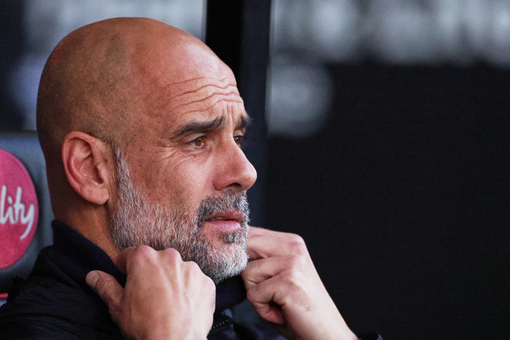 Manchester City's head coach Pep Guardiola waits for the start of the English Premier League soccer match between AFC Bournemouth and Manchester City in Bournemouth, England, Tuesday, May 19, 2026. (AP Photo/Ian Walton)