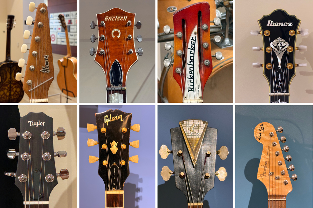 This combination photo shows 8 electric guitars, some owned by famous musicians, on display at the Musical Instrument Museum in Phoenix, Saturday, May 30, 2026. (AP Photo/Dario Lopez-Mills)