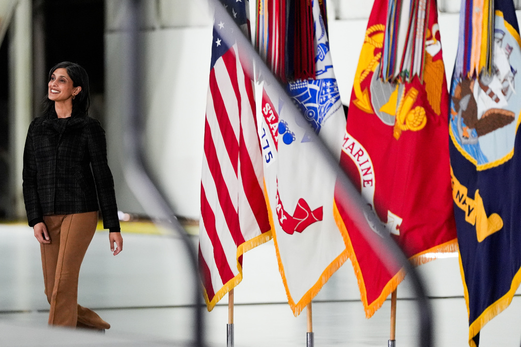 Second lady Usha Vance arrives to speak before building Red Cross holiday care packages and writing holiday cards to military service members, Monday, Dec. 1, 2025, at Joint Base Andrews, Md. (AP Photo/Julia Demaree Nikhinson)