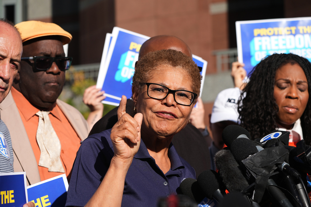 Los Angeles Mayor Karen Bass speaks to the media outside the Edward R. Roybal Federal Building in Los Angeles on Friday, Jan. 30, 2026. (AP Photo/Damian Dovarganes)