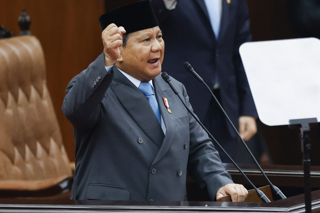 Indonesian President Prabowo Subianto delivers his annual State of the Nation Address ahead of the country's Independence Day, in Jakarta, Indonesia, Monday, Aug. 15, 2025. (Ajeng Dinar Ulfiana/Pool Photo via AP)