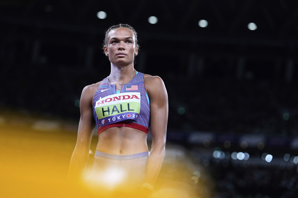 United States' Anna Hall prepares to make an attempt in the heptathlon shot put at the World Athletics Championships in Tokyo, Friday, Sept. 19, 2025. (AP Photo/Matthias Schrader)
