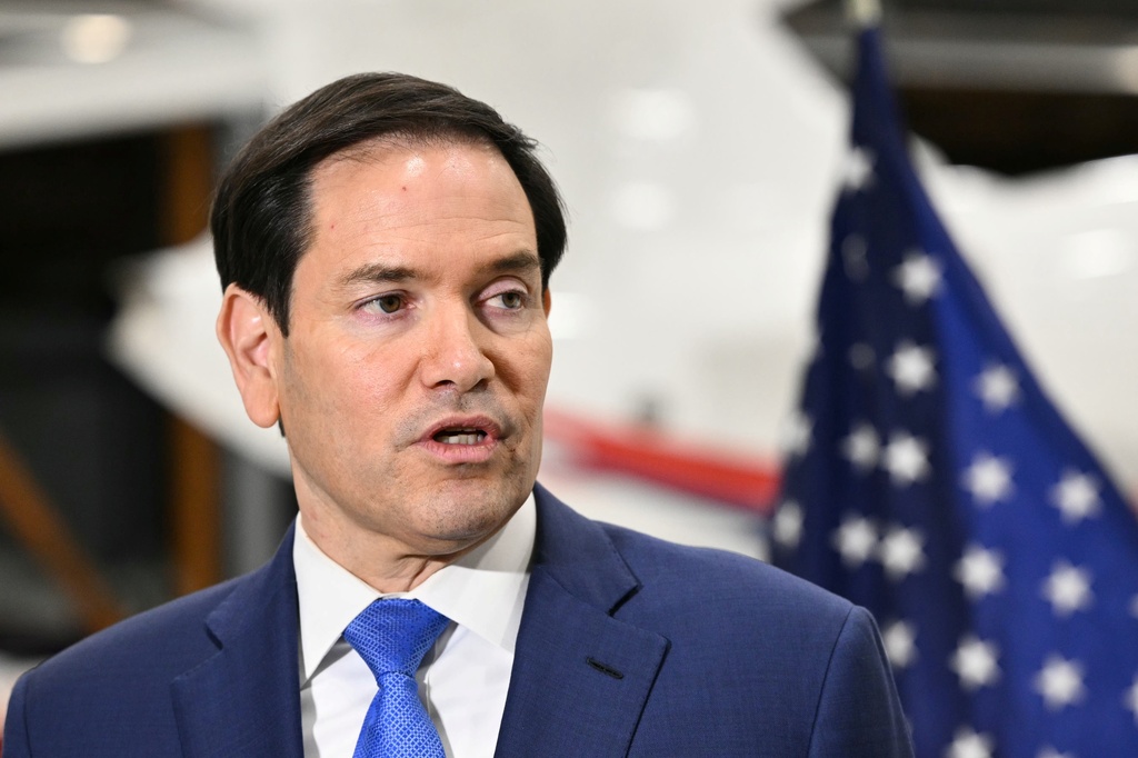 U.S. Secretary of State Marco Rubio speaks to traveling journalists at the John C. Munro Hamilton International Airport in Hamilton, Ontario, Canada, on Nov. 12, 2025 after the G7 foreign ministers meeting. (Mandel Ngan/Pool Photo via AP)