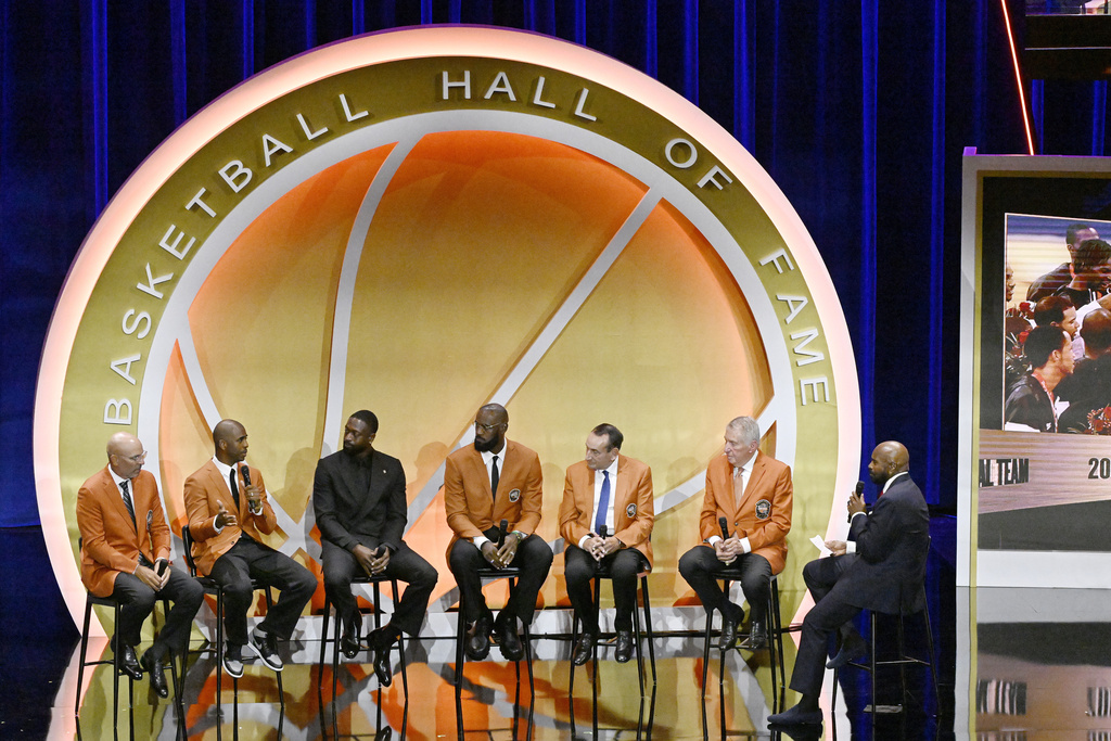 Members of the 2008 USA Basketball Men's National Team answer questions during the team's enshrinement in the Basketball Hall of Fame, Saturday, Sept. 6, 2025, in Springfield, Mass. (AP Photo/Jessica Hill)