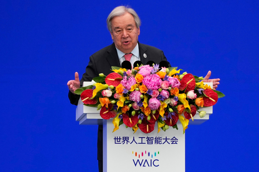 U.N. Secretary-General António Guterres speaks during the opening ceremony of the High-Level Meeting on Global Governance for the World AI Conference in Shanghai, Friday, July 17, 2026. (AP Photo/Ng Han Guan, Pool)