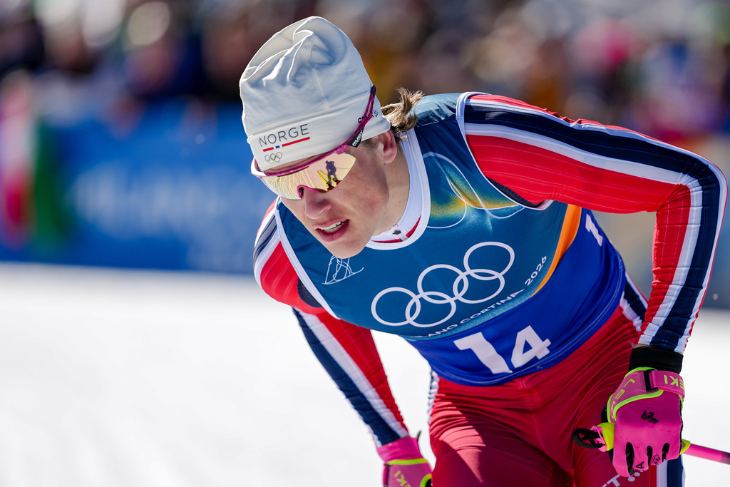 Johannes Hoesflot Klaebo, of Norway, competes in the cross country skiing men's 4 x 7.5km relay at the 2026 Winter Olympics, in Tesero, Italy, Sunday, Feb. 15, 2026. (AP Photo/Matthias Schrader)